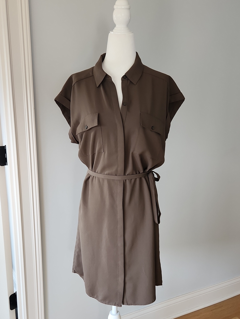 Express Army Green Short-Sleeve Shirt Dress with Tie Belt